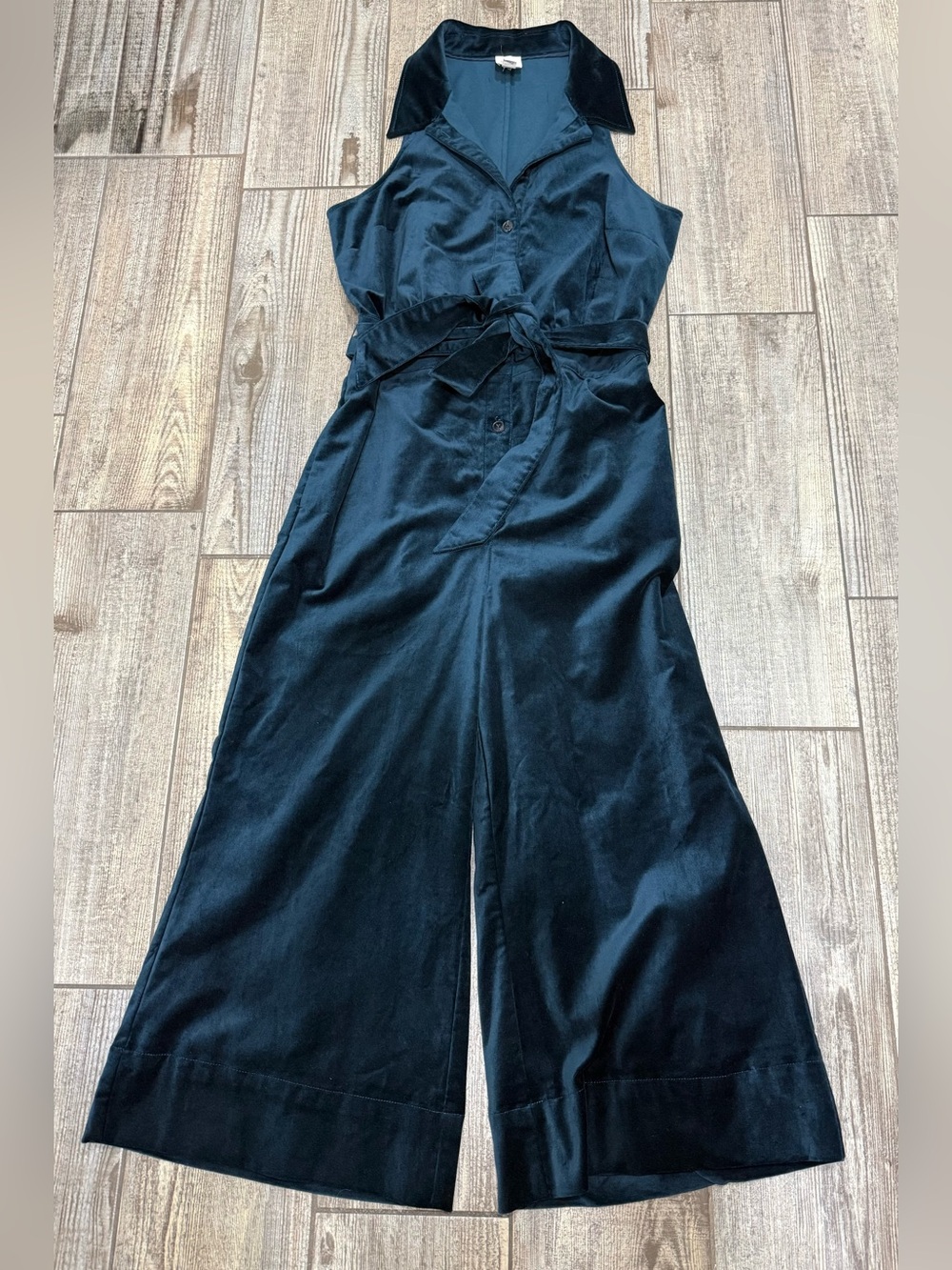 Maeve Turquoise Velvet Sleeveless Wide-Leg Jumpsuit with Tie Waist
